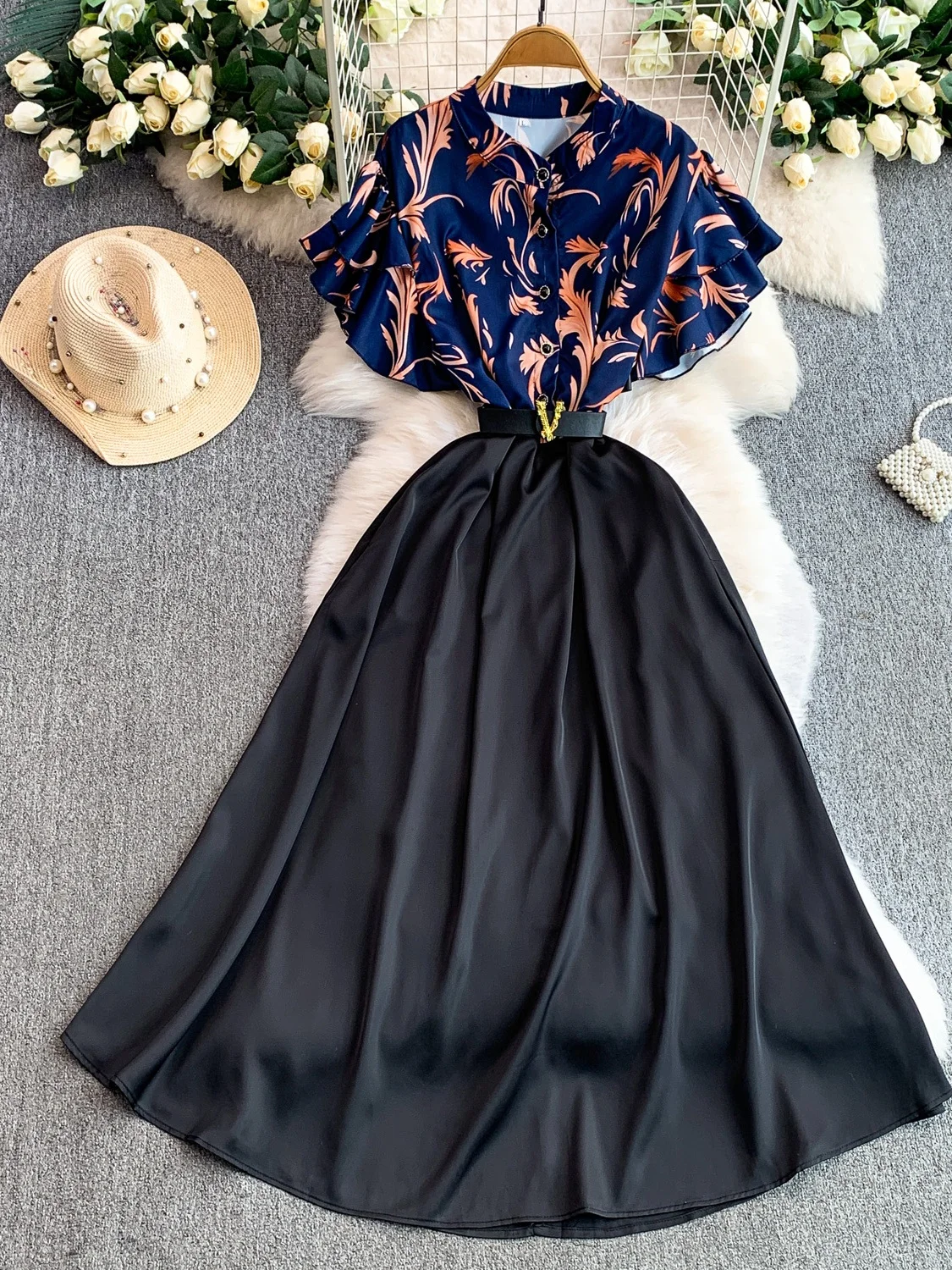 بلوزة ريترو مطبوعة من الساتان Sve طويلة الدكتور المرأة الخريف الشتاء زر واحد سليم صالح تنورة كاملة الدكتور عالية الخصر ort Sve