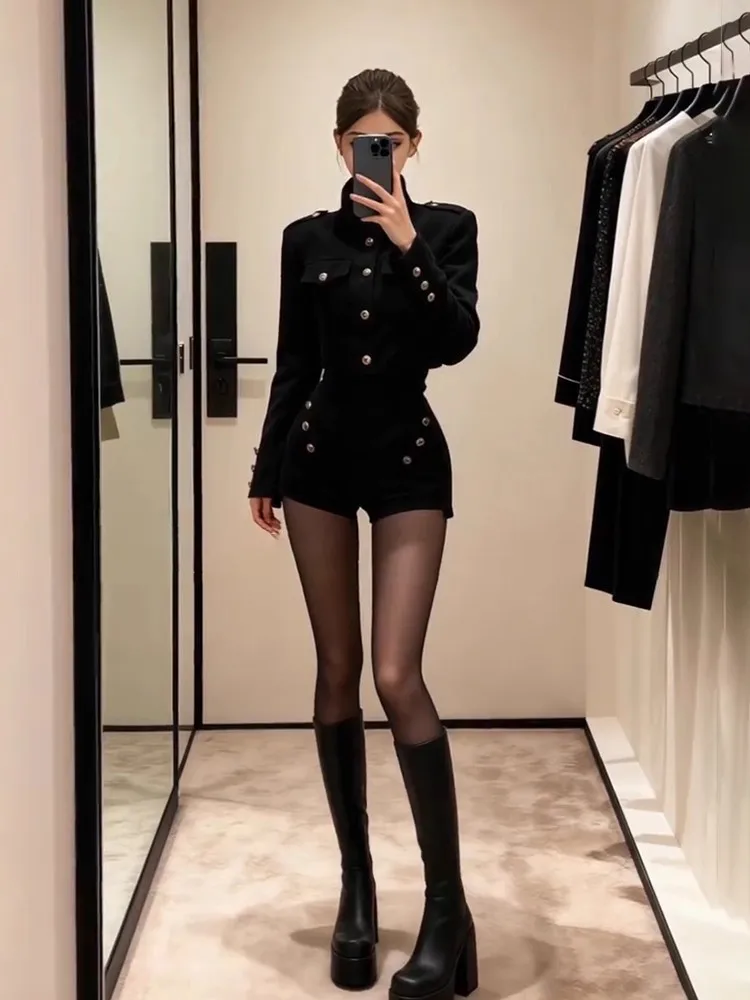 SYJ Sexy Style Short Stand Collar Jacket And Shorts Two Piece Set for Women Autumn Winter High Waist Fashionable Lady Feel