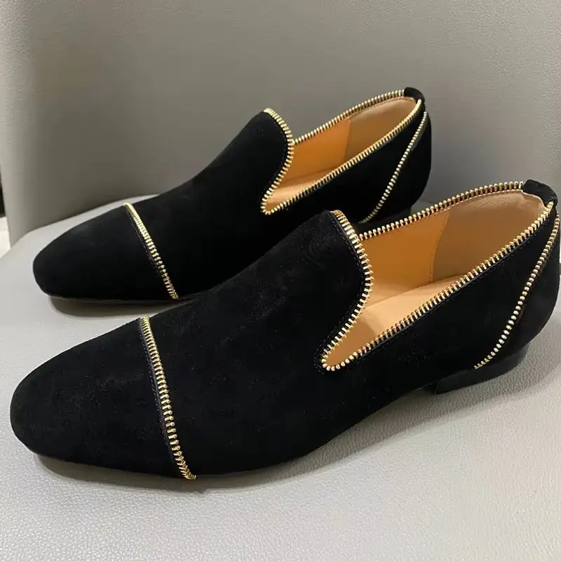 Luxury Men with Zippers Design Shoes Handmade Chaussure Homme Loafers Black Suede Fashion Men's Flats Wedding Oxfords Business