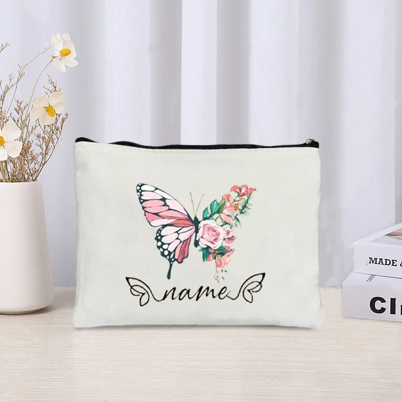 Custom Name Cosmetic Pouch Gift for Teachers Designer Clutch Colorful Butterfly Personalise Make Up Canvas Bag Aesthetics Case