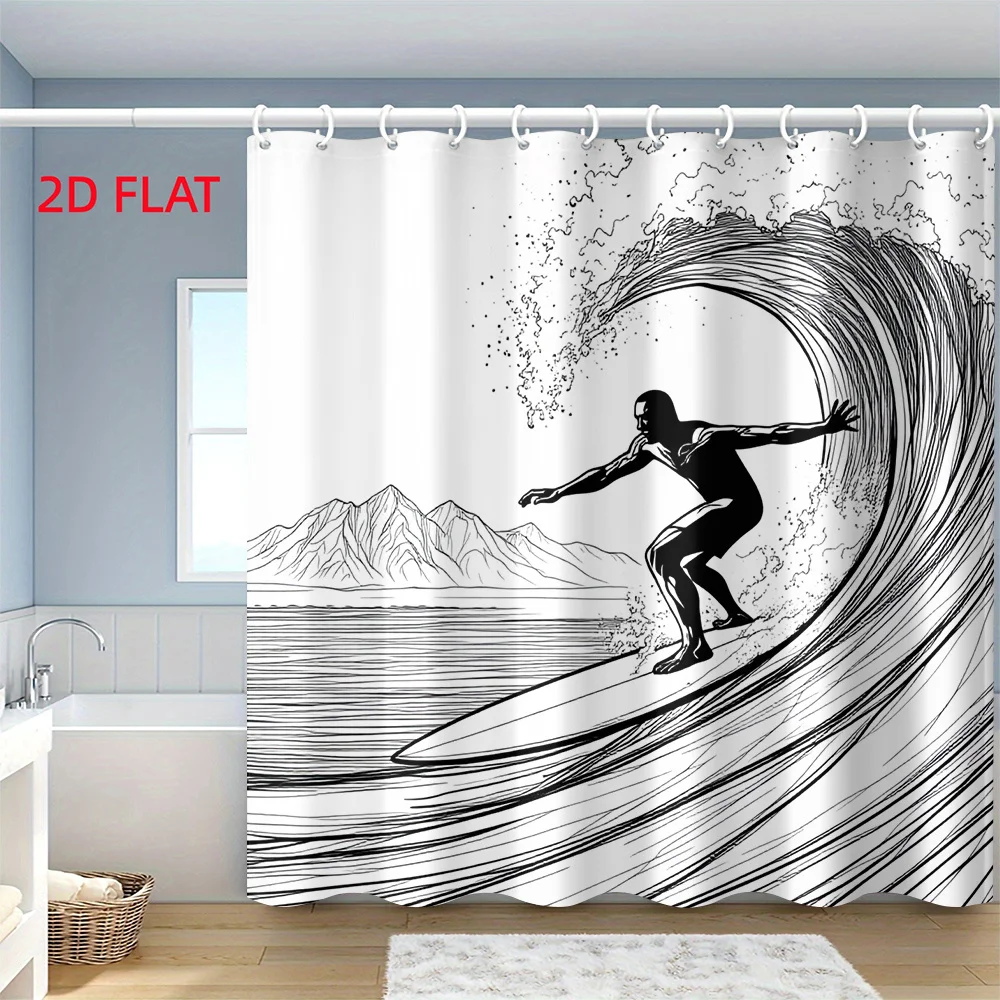 Waterproof Shower Curtain 180x180cm Surfing Wave Ocean Line Art Bathroom Decor Coastal Nautical Beach Tropical Print