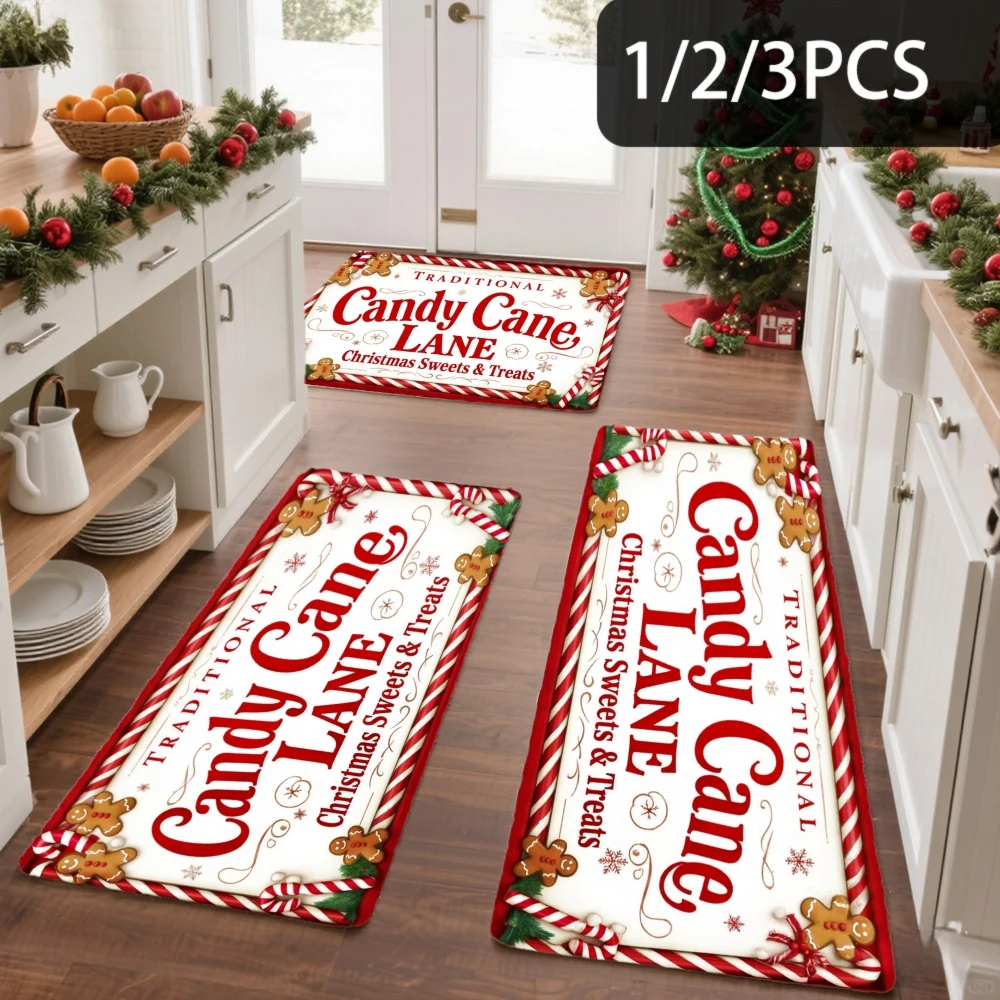 VIKAMA Christmas Candy Cane Gingerbread Text Kitchen Rug Set Non Slip Washable Floor Mat Indoor Holiday Decor for Family Xmas