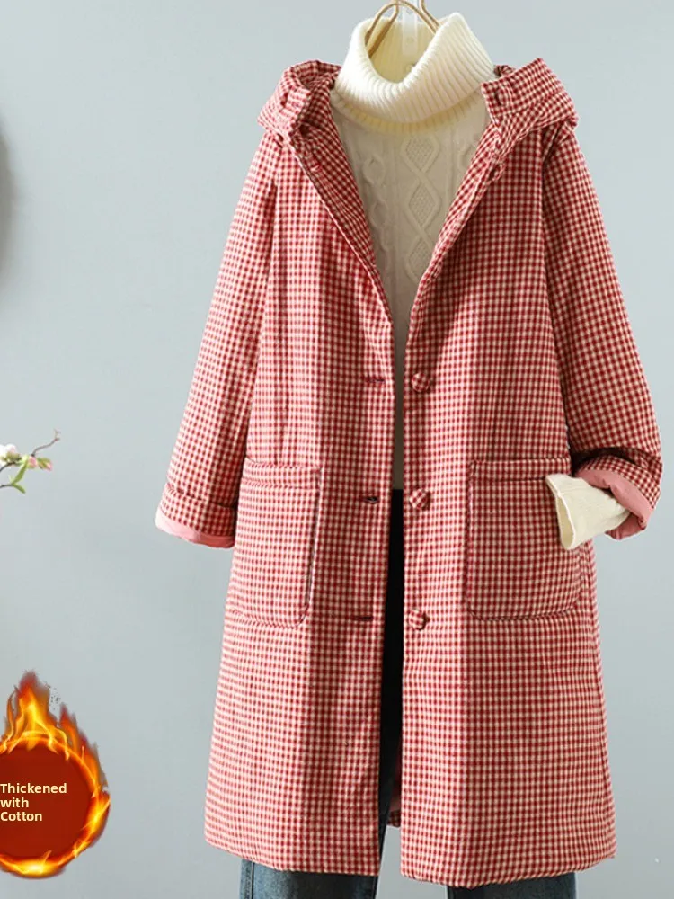 

Retro Plaid Cotton Linen Women's Winter Coat Thickened Warm Hooded Jacket Large Size Comfortable Breathable Casual Coat