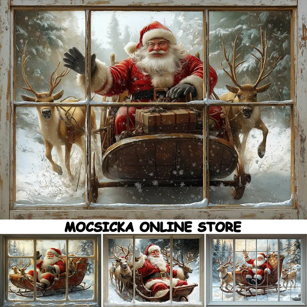 

Mocsicka Photography Background Santa Claus Elk Outside The Window Winter Snow Forest Children Photo Backdrops Photo Shoot Props