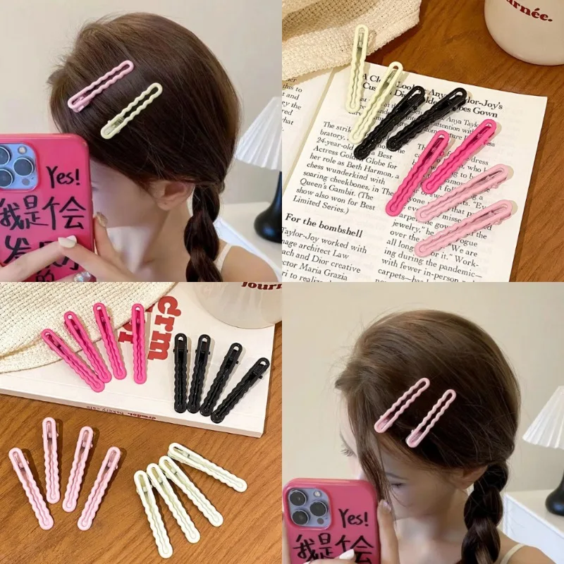 7 Pcs Girls 6cm Candy Color Seamless Duckbill Clip Broken Hair Side Dopamine Colors Hollowed-out Wavy Metal Straight Hair Clip