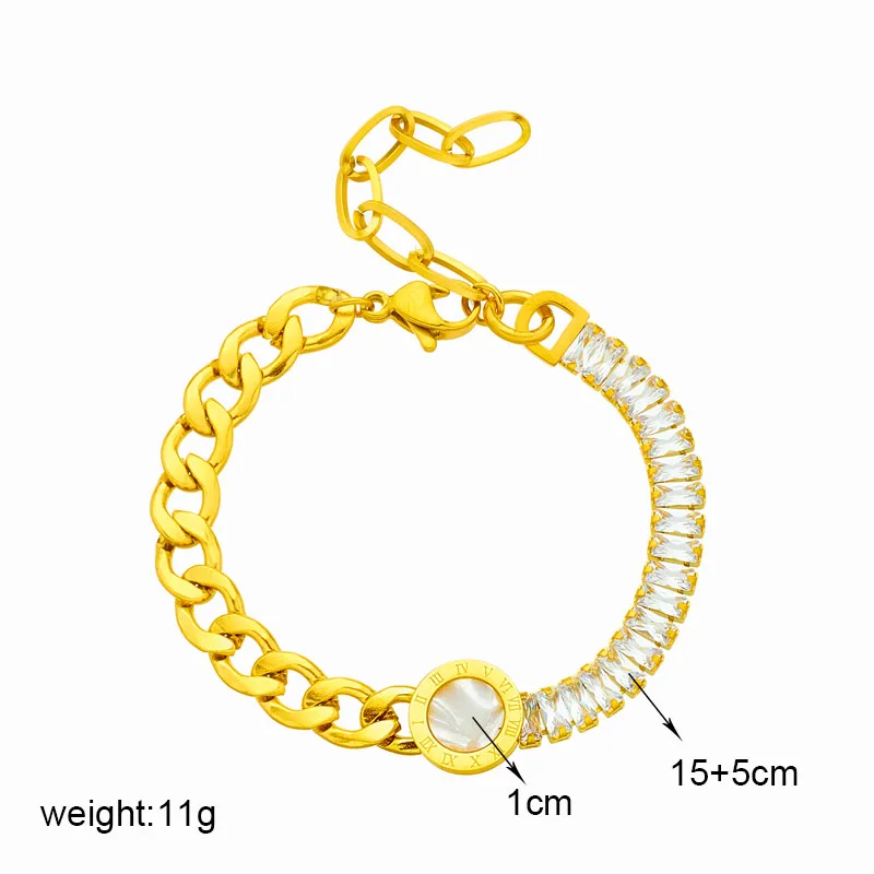 DIEYURO 316L Stainless Steel Round Roman Numeral Dial Charm Bracelet For Women Vintage Asymmetrical Zircon Chain Jewelry Gifts