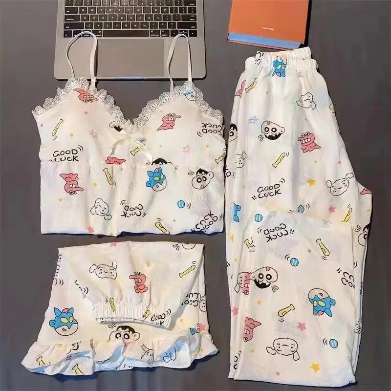 New Kawaii Cute Crayon Shin Chan Pajamas Three Piece Short Sleeve Sling Student Leisure Cartoon Anime Fashion Birthday Girl Gift