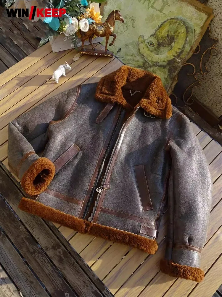 

Natural Sheepskin Winter Thick Warm Wool Lining Mens Real Fur Short Coat Vintage Men Motorcycle Genuine Leather Shearling Jacket