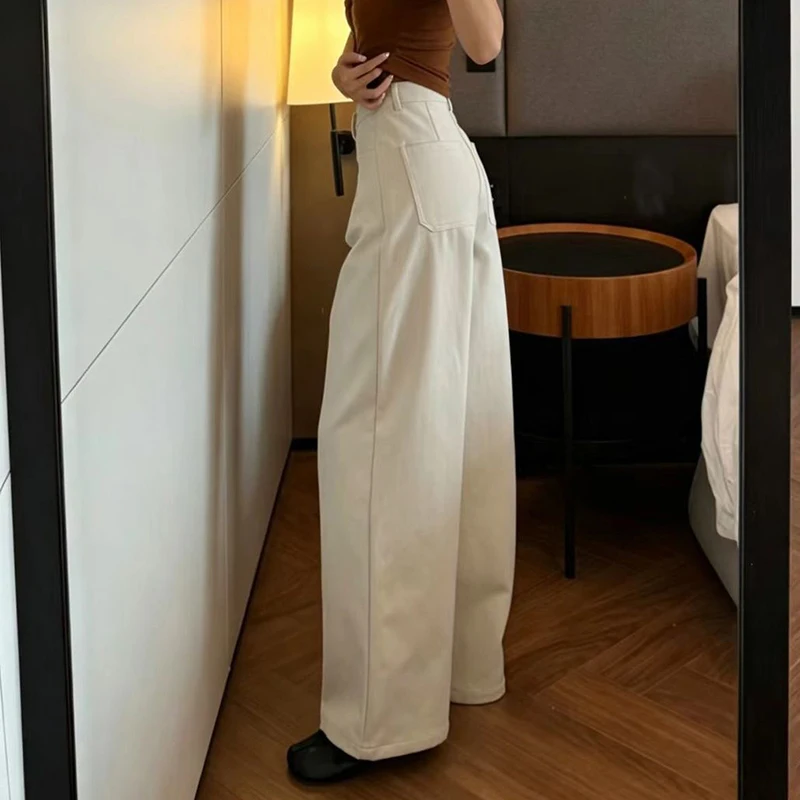 Casual Solid Suit Pants Women Early Autumn Fashion Office Lady Wide Leg Pants Loose All Match Simple High Waist Straight Trouser