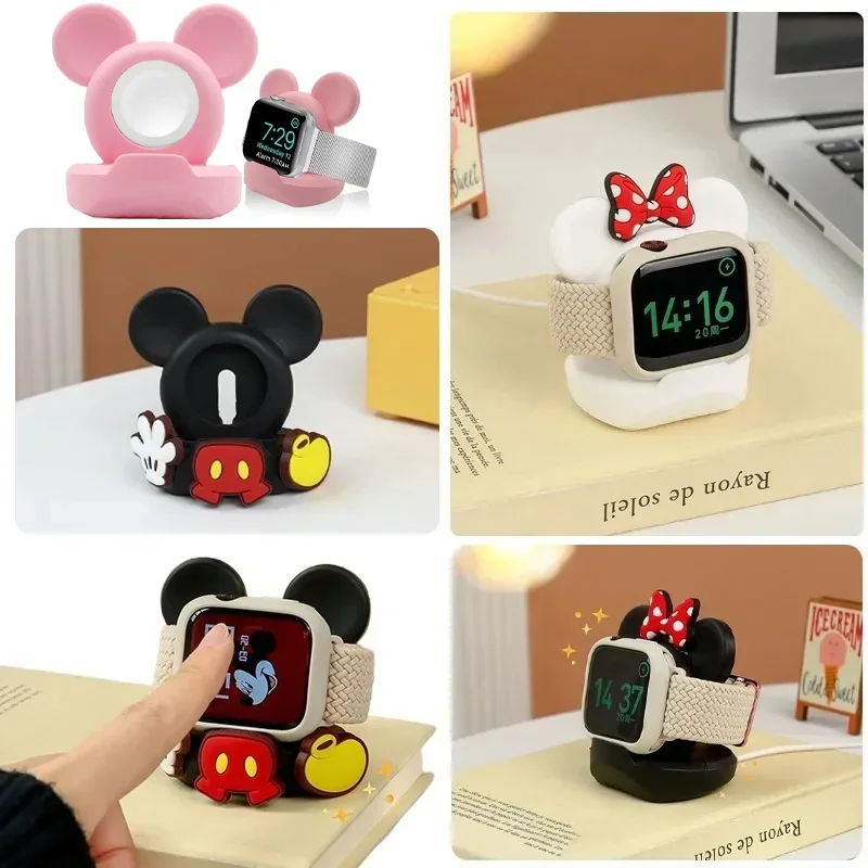 Cute Charger Stand Minnie Desktop Holder for Apple Watch 9 8 7 6 5 4 iWatch 3 2 1 SE Cartoon Silicone Charging Base