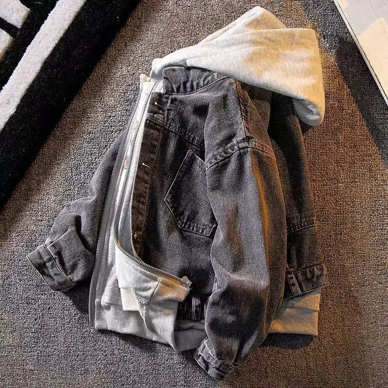 

Teenage Boys Denim Jacket Spring and Autumn New Children's Hooded Casual Korean Version Jacket Zhong Da Boys Western Style Top