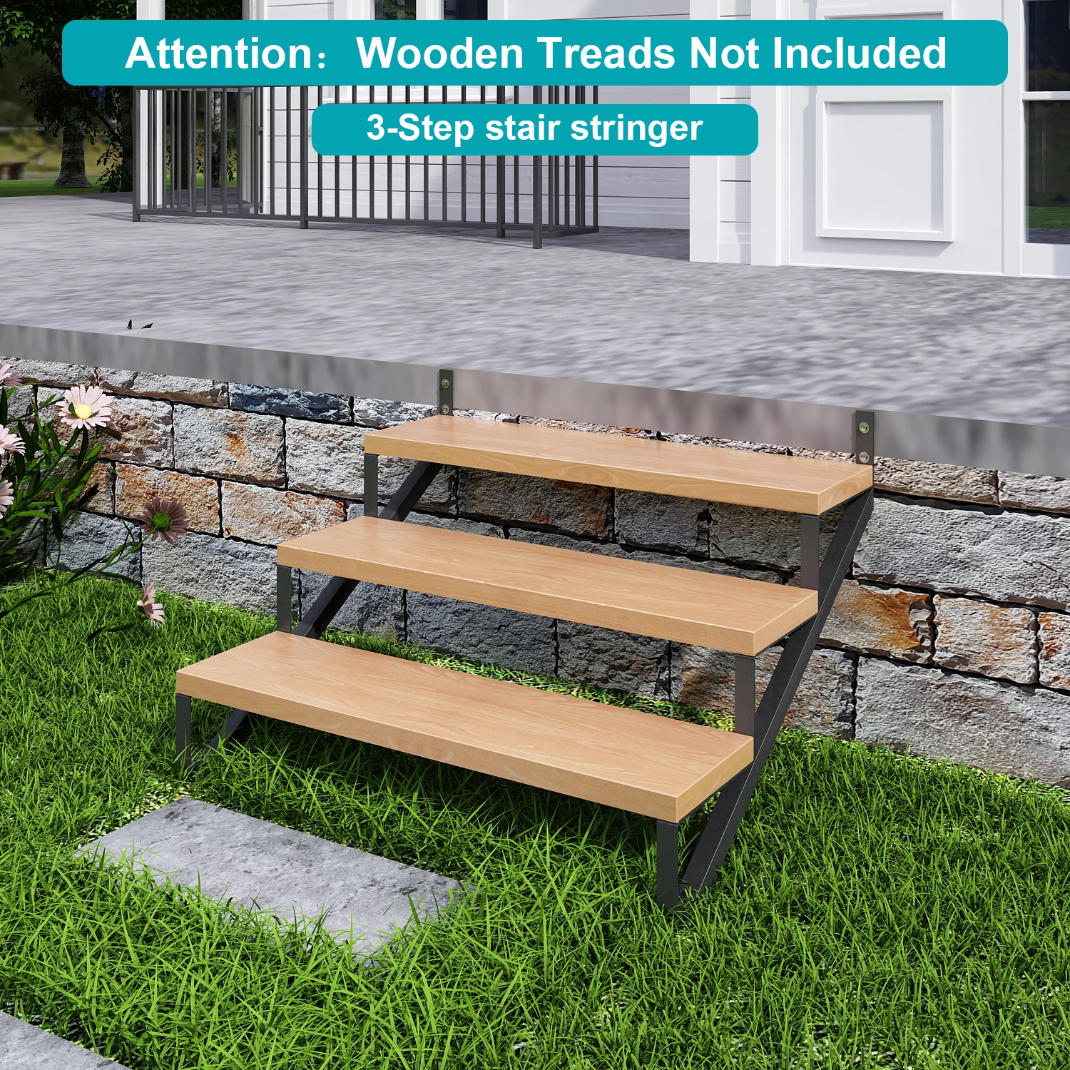 บันไดเหล็ก Stringer 3 Step-2 pcs,เจาะหลุมบันไดเหล็ก Riser สําหรับดาดฟ้าความสูง 28in,heavy Duty กลางแจ้งขั้นตอน