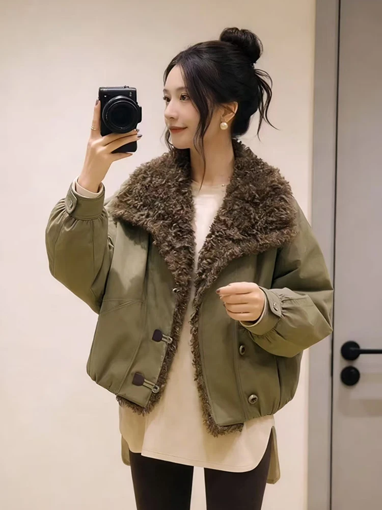 

Korean Sle Thiened Retro Lapel Jaet Women Winter New Faion Loose High-End Cotton Clothes Single Button Closure Long S...