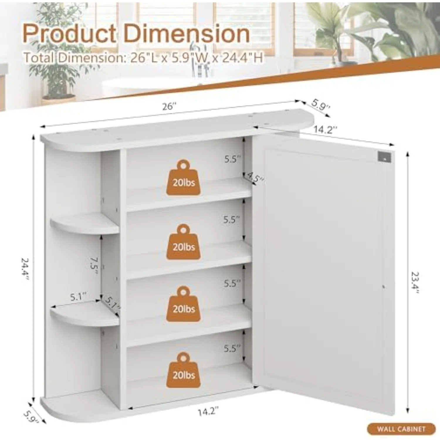 Bathroom Medicine Cabinet, Bathroom Mirror Cabinet Wall Mounted with 6 Side Open Shelves, White Wall Cabinet with view 3