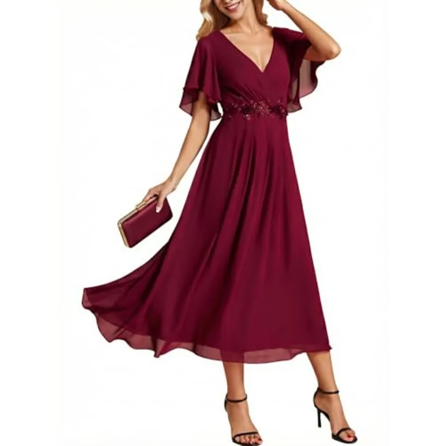 

Ever-Pretty Women's V Neck Chiffon Formal Wedding Guest Dress Applique A-Line Maxi Mother of Bride Dresses 093