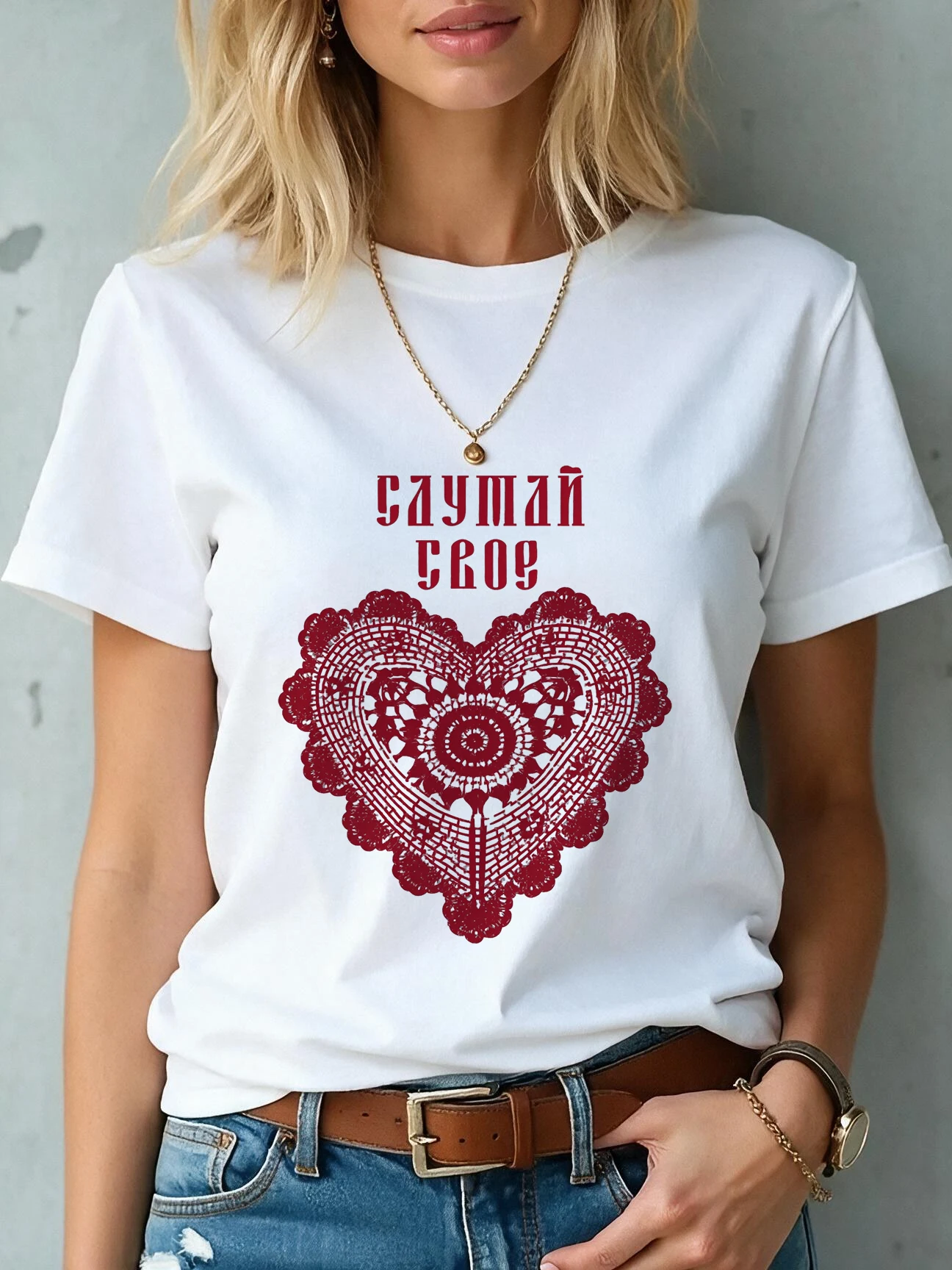 Women's Short Sleeve Crew Neck Tops with Russian Freedom and Lace Red Heart Print Vintage Y2k T Shirt Clothes Outdoor Daily 90s