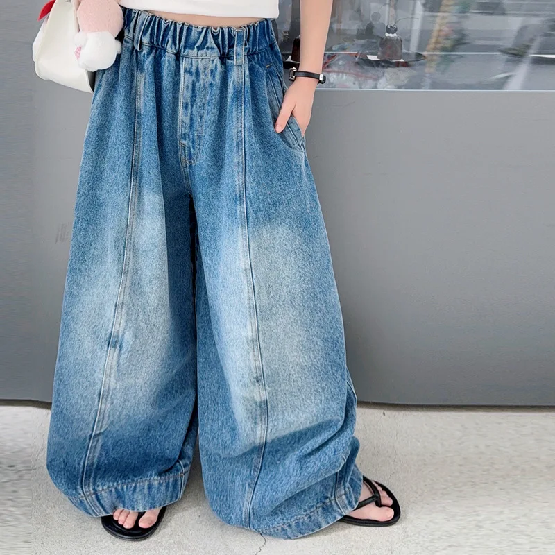 

Teen Girls Fashion Vintage Wide Leg Baggy Jeans for Children Casual Loose Denim Pants Kids Summer Curved knife Trousers