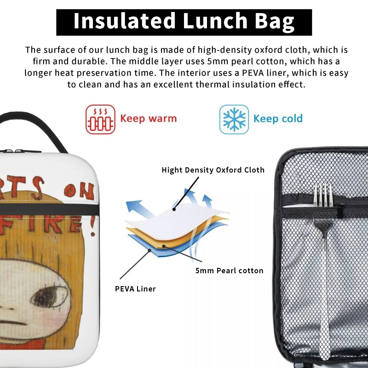 Yoshitomo Nara Corações Em Fogo Isolados Almoço Sacos De Armazenamento Escolar Food Box À Prova De Fugas Nova Chegada Refrigerador Térmico Lunch Box