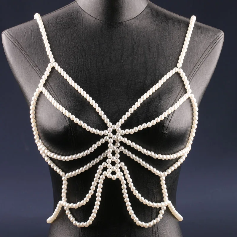 Fashion Pearl Bra Chain Pure Handmade Pearl s Chain for Women Body Tippet luxury design Cothing Ornaments Lady Cover Top  Party