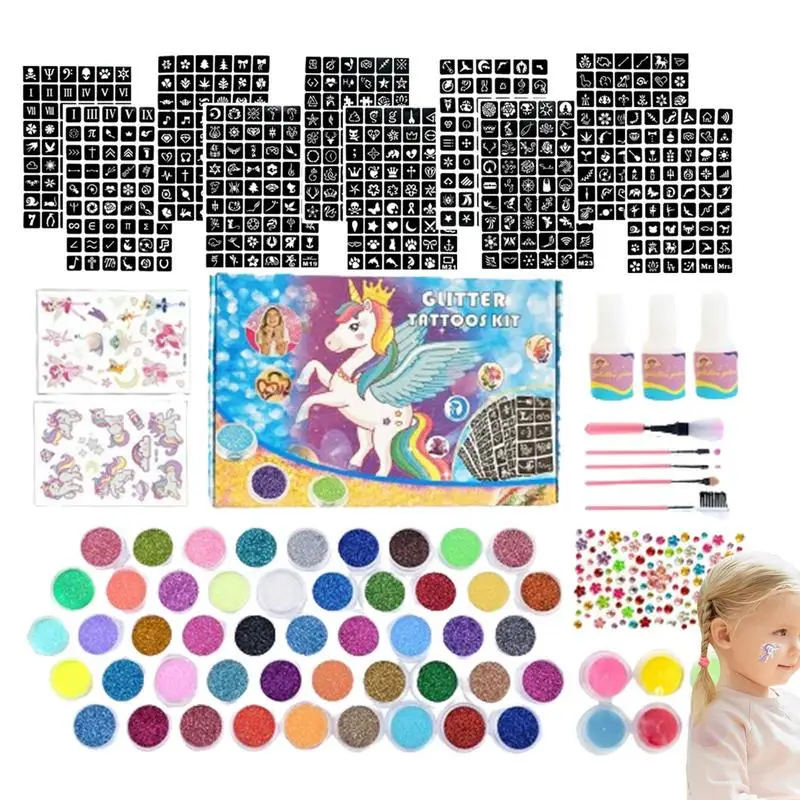 New Diamond Glitter Tattoo Set Temporary Tattoo Glitter Kit Waterproof Glitter Powder Makeup Brush Tattoo Glue Halloween Party