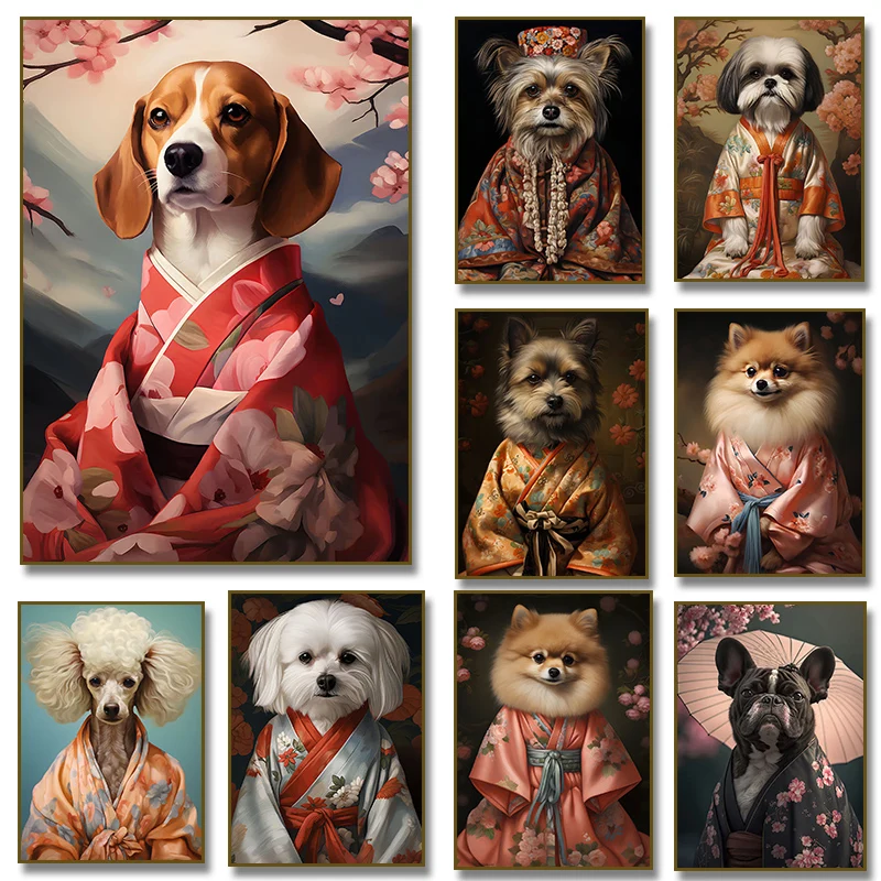 Maltese Dog Din Pomeranian Yorkshire Beagle Wear Kimono Poster Canvas Painting Print Wall Art Picture for Living Room Home Decor