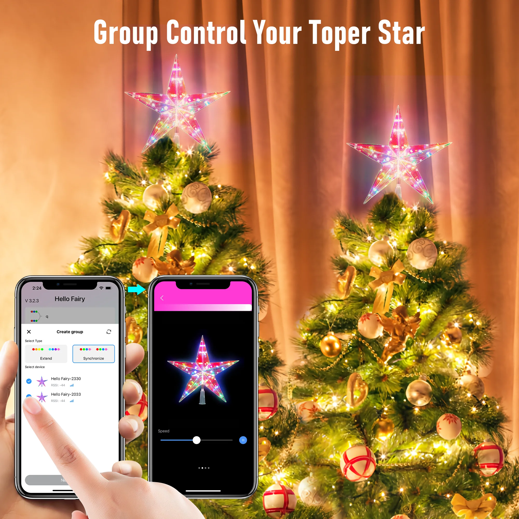 Dobrável RGB Brilhante Árvore de Natal Topper, Luz Estrela, Pentagrama USB, Controle App, 29cm, 25LED, Decoração Árvore de Natal, 2024