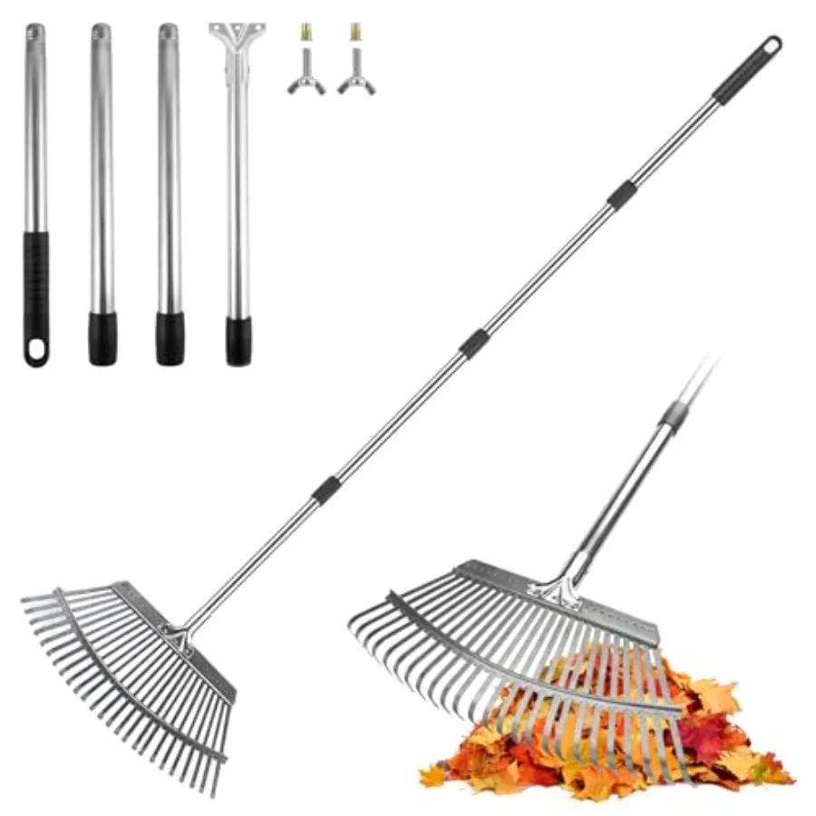 

Adjustable Leaf Rake, 18-Inch Wide Heavy Duty Garden Rake with 62-Inch Long Handle, Large Metal Leaf Rake for Lawn Yard Grass,