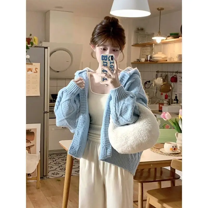 Women Autumn Simplicity Loose Preppy Style Solid Color Long Sleeve Hooded Knitwear Ladies All-match Sweet Knitting Cardigan Coat