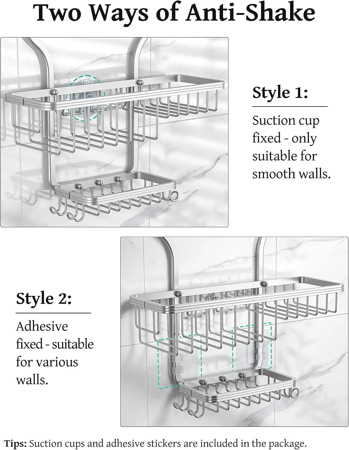 Organizer per doccia sospeso Argento: contenitore in alluminio non arrugginisce mai, scaffale sopra la testa con ganci e portasapone per riporre il bagno