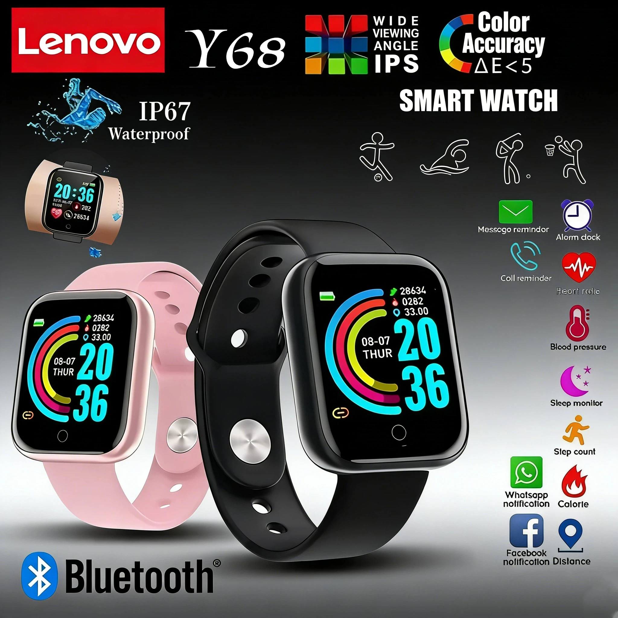 

Умные часы Lenovo Y68 с цветным экраном, подсчетом шагов, мультиспортивным режимом, напоминанием о сообщениях, функцией фотосъемки, управлением музыкой и дистанционным управлением, смарт-браслет