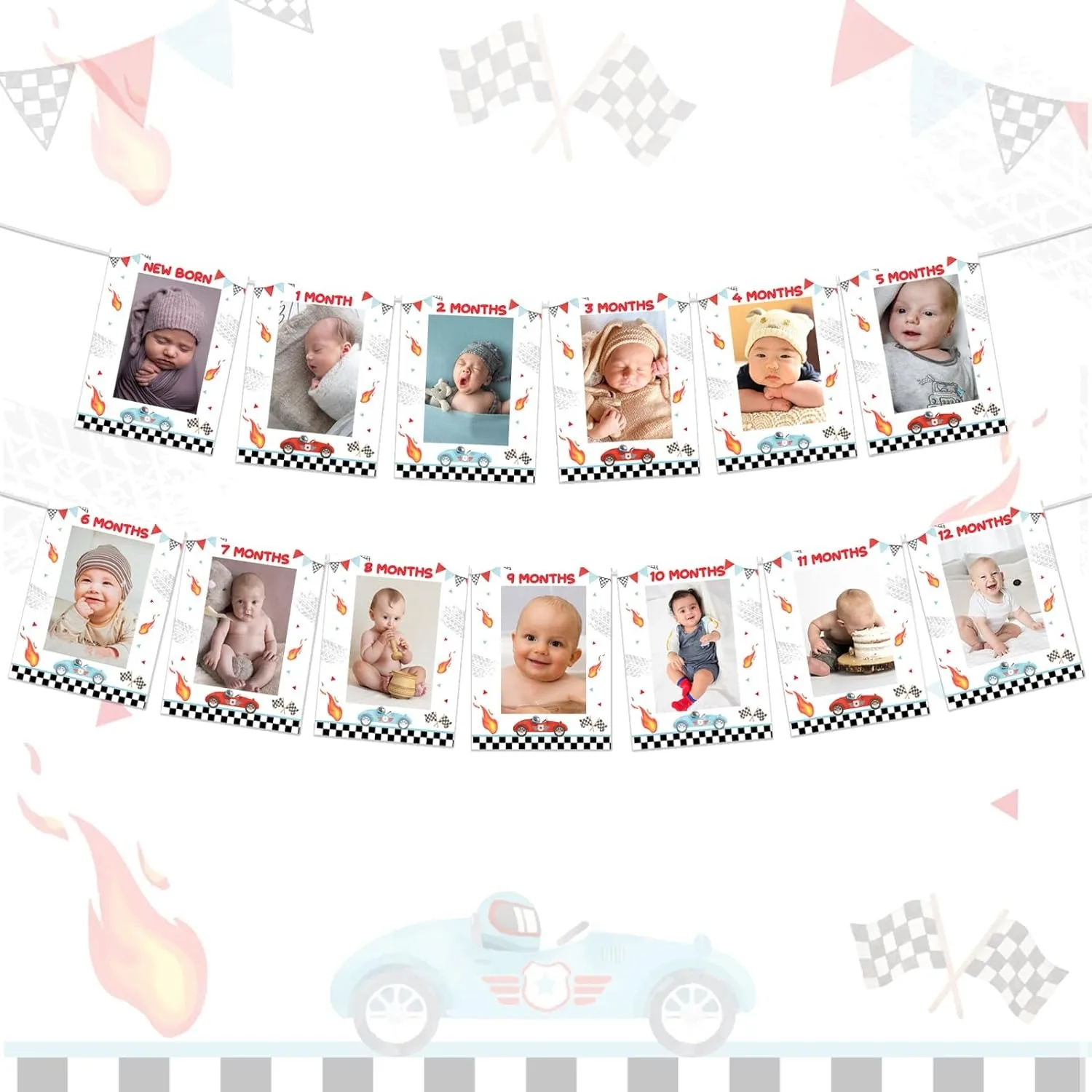 

Kreat4joy Vintage Red and Blue Racing Theme 1-Year Old Photo Banner From Newborn To 12 Months for Boy 1st Birthday Decoration