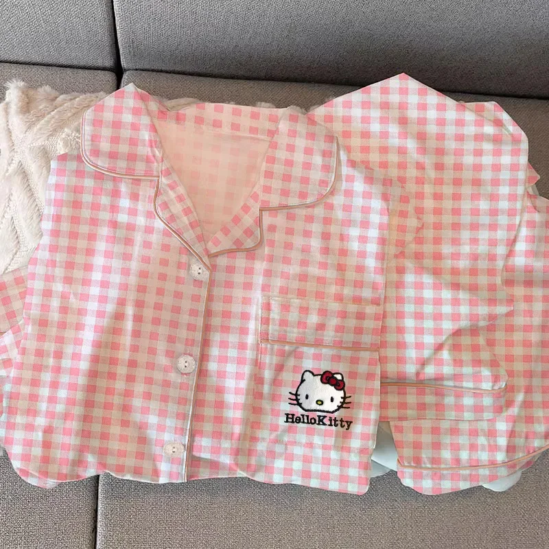 

Cartoon Anime New Pink Plaid Hello Kitty Casual Couple's Comfortable Long Sleeves and Pants Home Outfit Suits Christmas Gift