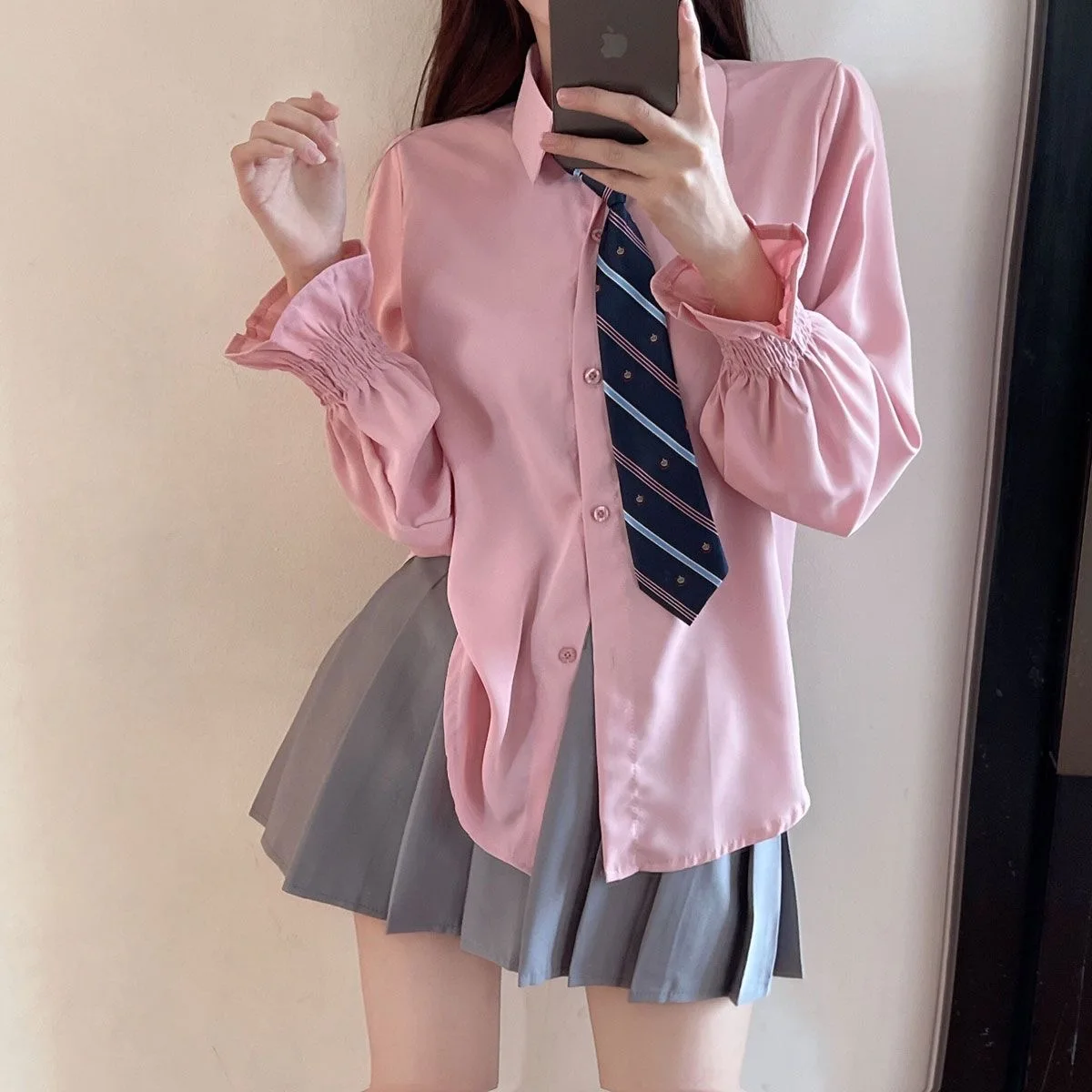 Conjunto de uniforme JK para mujer, camisa rosa diaria de manga larga, Falda plisada gris de cintura alta con lazo, 3 piezas, estilo Preppy