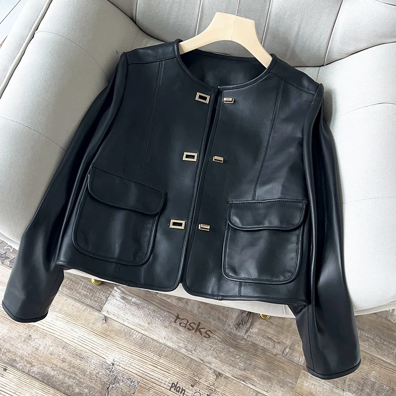 2024 New Spring Sheepskin Jacket Genuine Leather Coat Black Women\'s Short Motorcycle Slim Real Leather Jacket Autumn Cool Suit