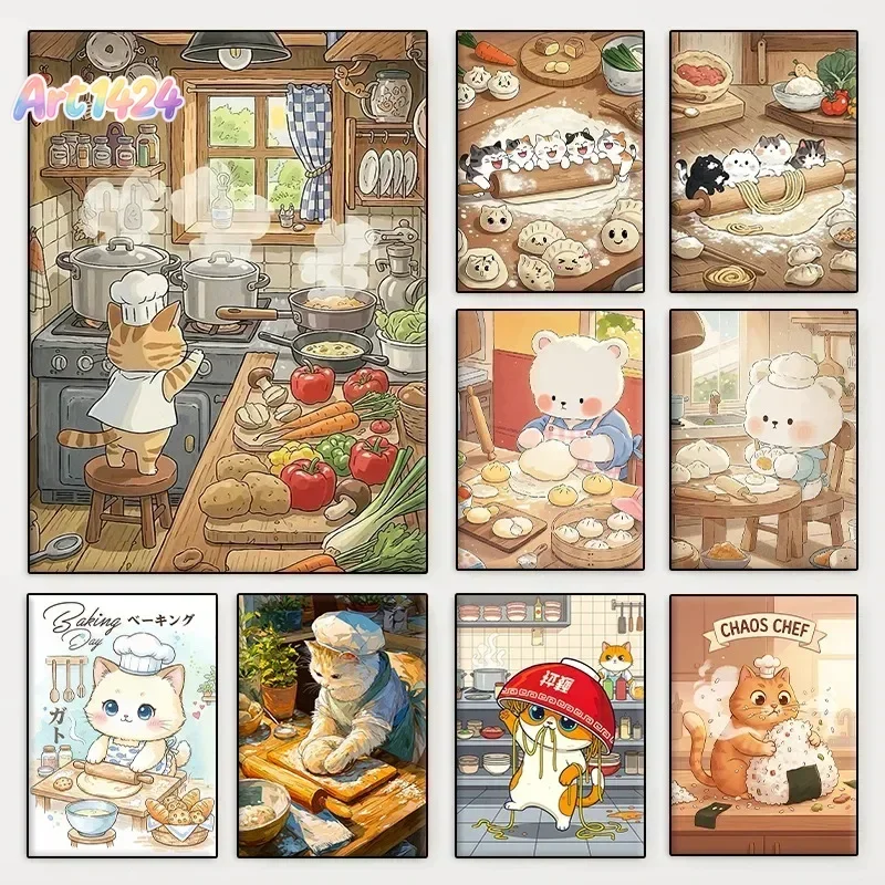 (No frame)1pcs1pc frameless Cute Animal Cooking Cartoon Poster Bear Cat Baking Dumplings Scene Canvas Painting Wall Art for K