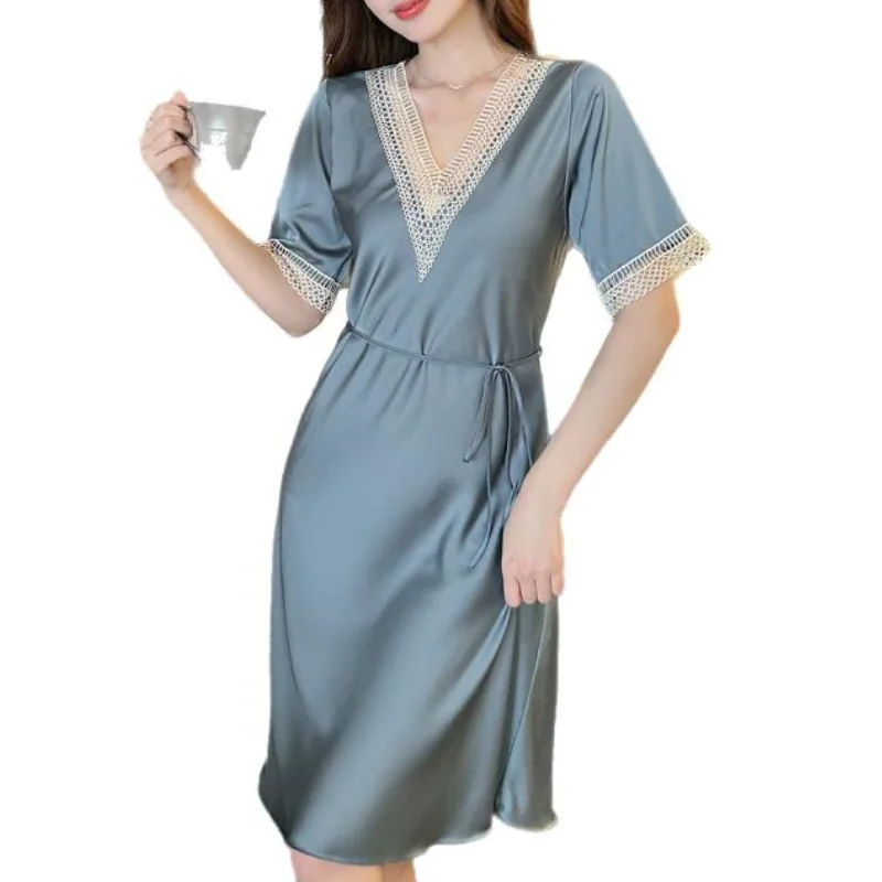 sexy women sleepwear night gown lace v neck nightwear sleep dress short sleeve mid soft home clothes daily casual nightie