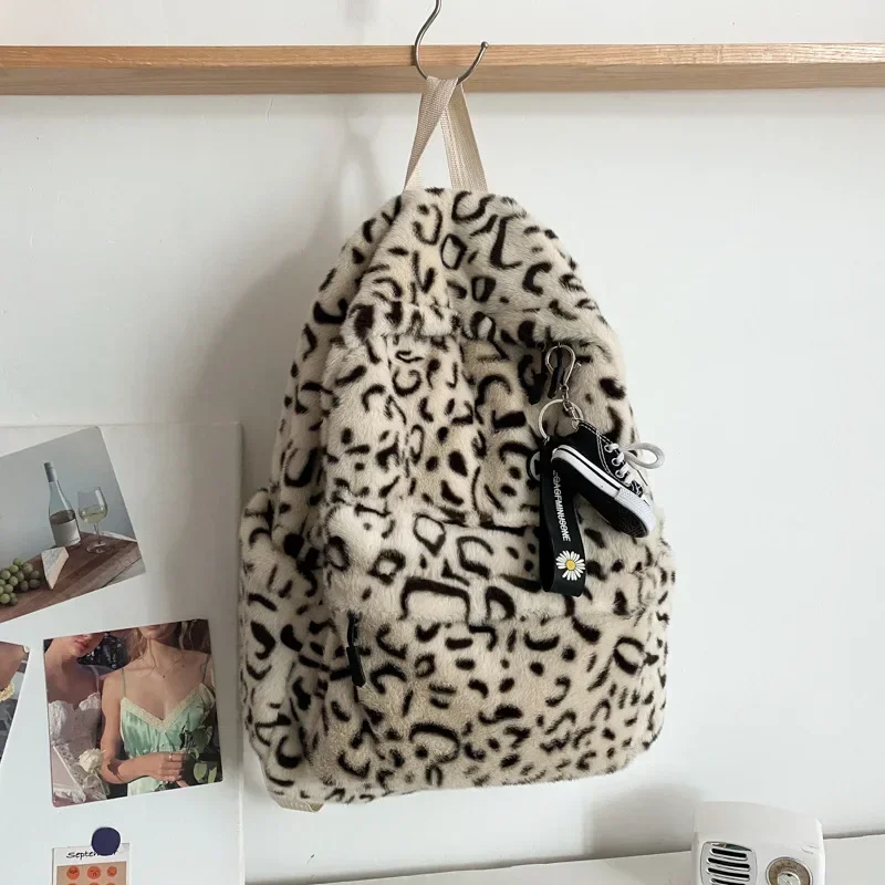 Mochila escolar con estampado de leopardo Para Mujer, bolso de piel sintética suave, bolsos de viaje, Mochilas de felpa Para estudiantes