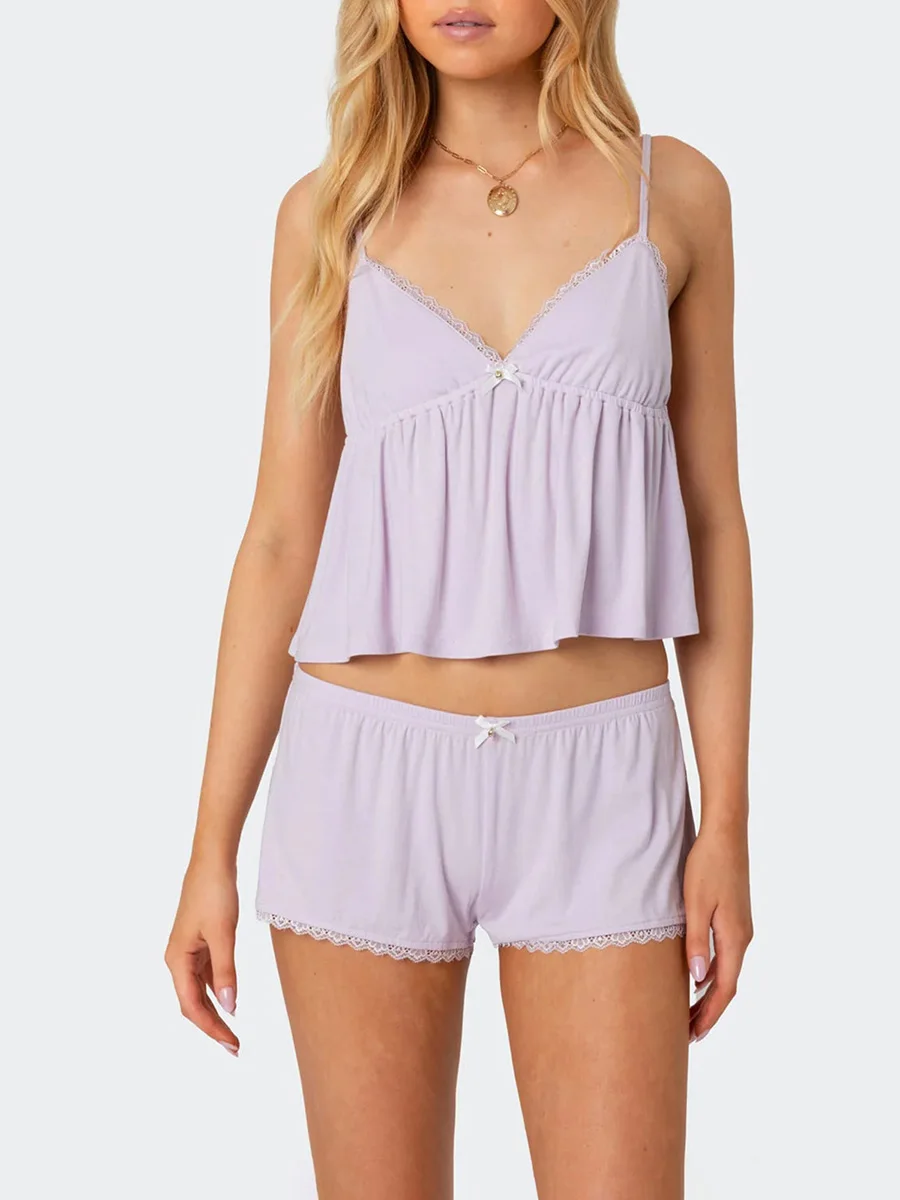 Zomerloungeset voor dames, mouwloze cami-tops met V-hals en kanten rand, shorts, nachtkleding