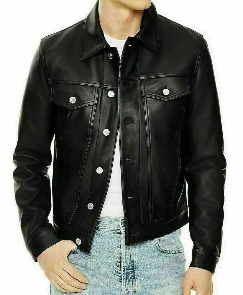 

Men's Lambskin Leather Shirt Basic Vintage Biker Slim Fit Formal Jeans Shirt European and American Fashion Trends