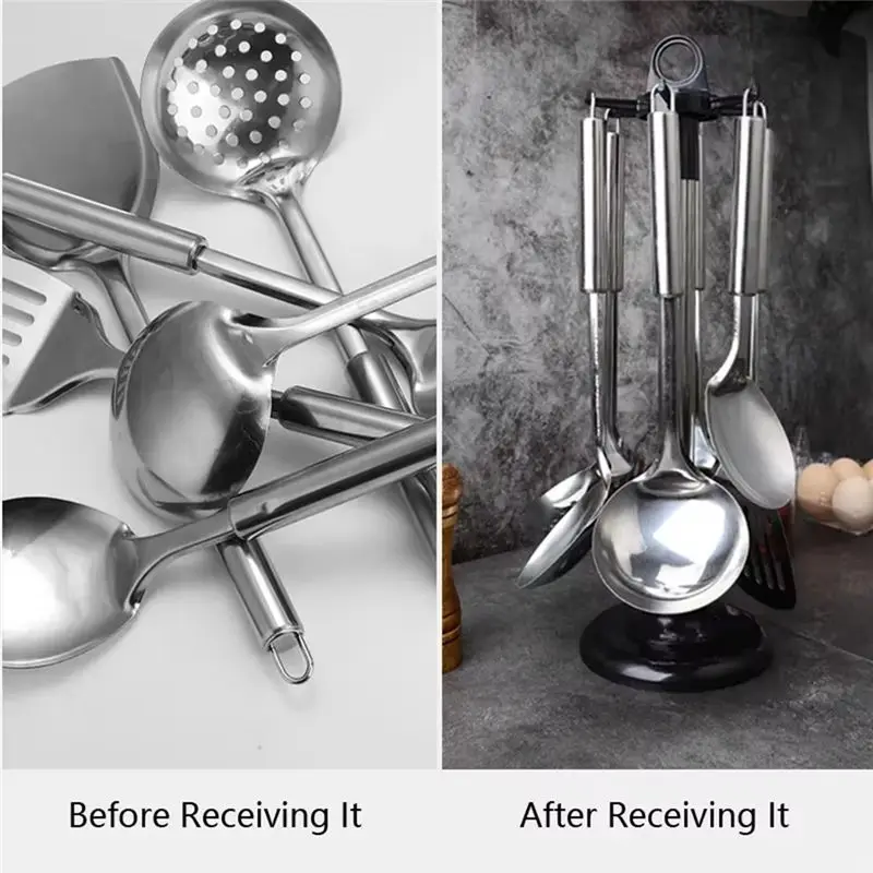 A55F-Rotatable Kitchen Storage Rack Organizer With Hooks For Spoons, Knives, And Kitchenware - Waterproof PP Material