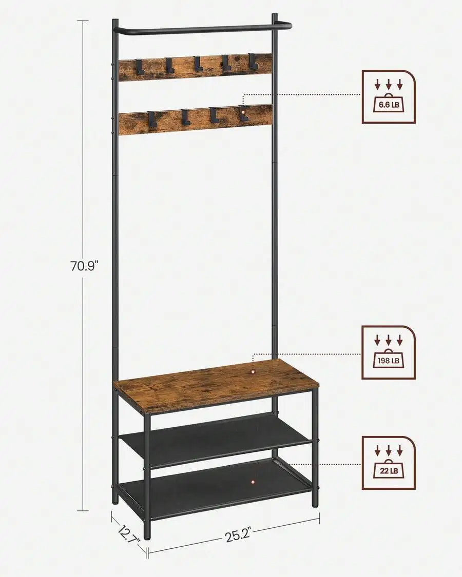 Hall Tree With Bench And Shoe Storage, Entryway Bench With Coat Rack Stand And Shoe Rack, 9 Movable Hooks, Top Bar, Fabric Shelv