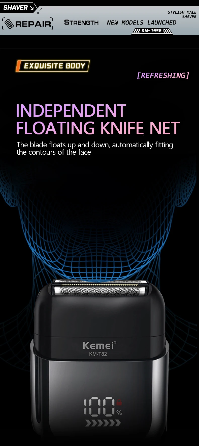 Kemei-T82 Wasserdichter Folienrasierer Elektrorasierer für Herren Gesicht Kompakte Reiserasierer Close Shave Trimmer USB wiederaufladbare Geschenke – Detail 3