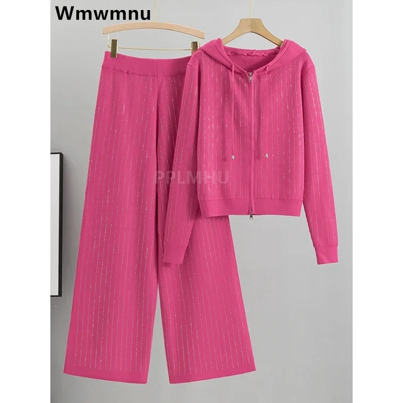 New Knitting Straight Pants/Skirts Suits Bright Silk Striped Knit 2 Piece Sets Women korean Thick Short Hooded Cardigan Conjunto