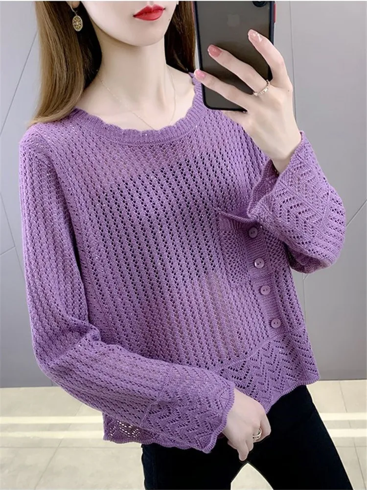 Spring Autumn New Sweaters Solid Color Round Neck Long Sleeve Loose Hollow Out Knitting Pullovers Women Thin Style Pockets Tops