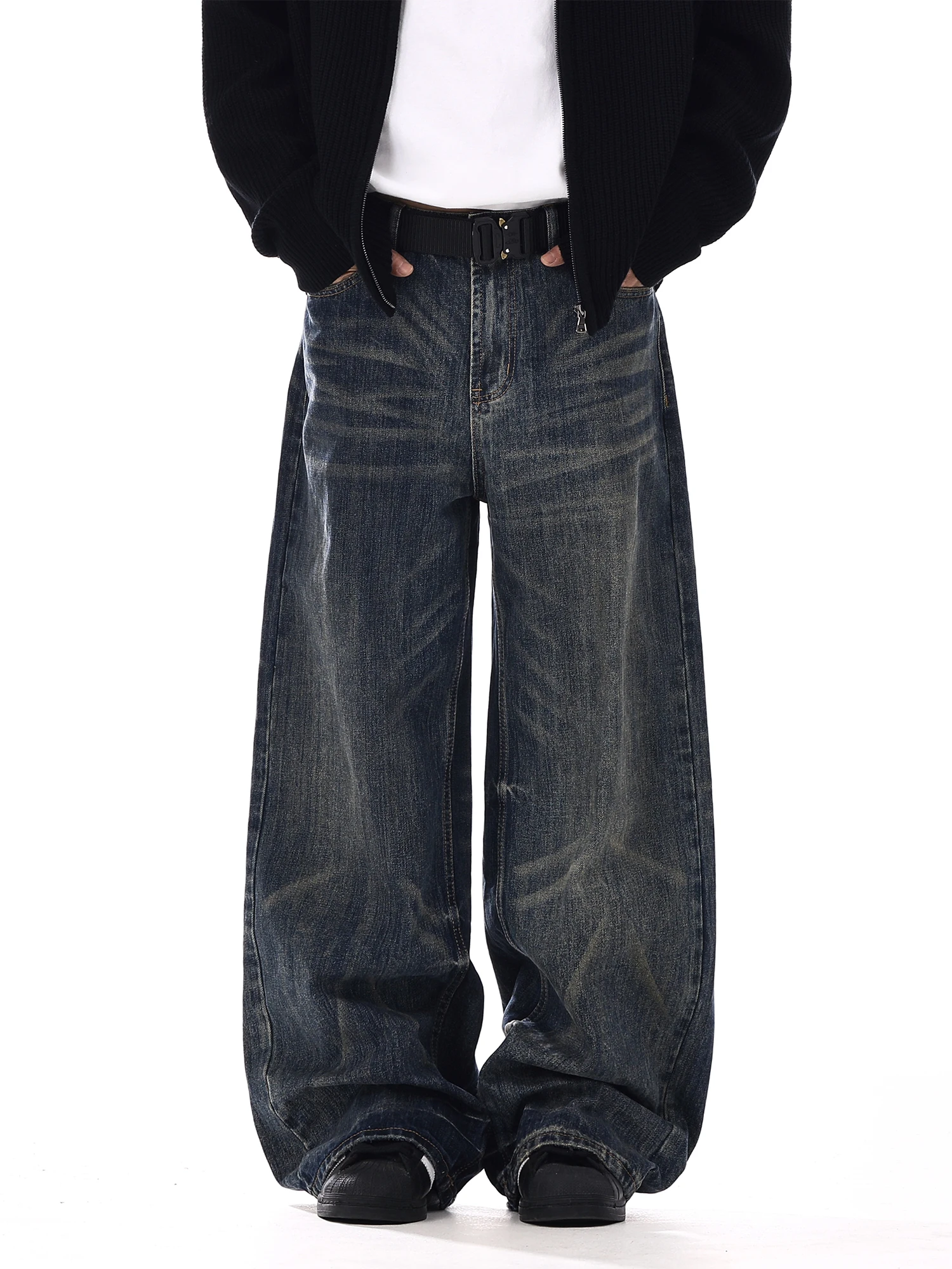 

Retro American Washed Folded Jeans Casual High Street Design Loose Straight Leg Wide Leg Autumnal Long Pants for Teens