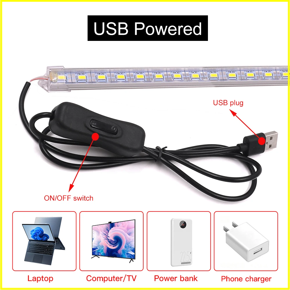 USB LED 바 조명, 5630 LED 단단한 스트립 조명, 캐비닛 옷장 아래 스위치 포함, 주방 룸 조명 램프, 10 cm, 20 cm, 35 cm, 40 cm, 50cm, 5V