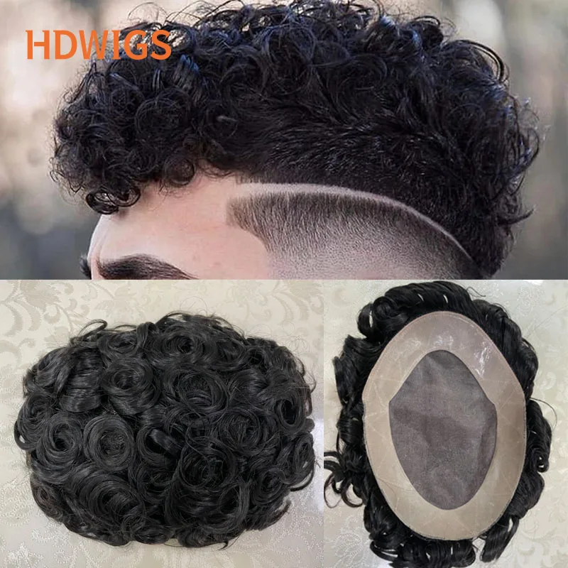 Hairpiece natural de cabelo humano indiano para homens, homens encaracolados, prótese capilar, fina mono, NPU, peruca marrom, sistema de hairpiece, 20mm