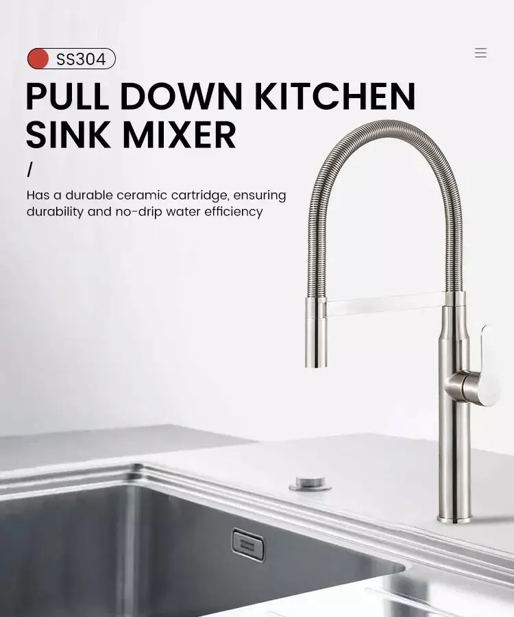 Australian Standard Watermark Wels Deck Mounted Brushed Pull Down Faucet 304 Stainless Steel Swivel Kitchen Mixed Tap