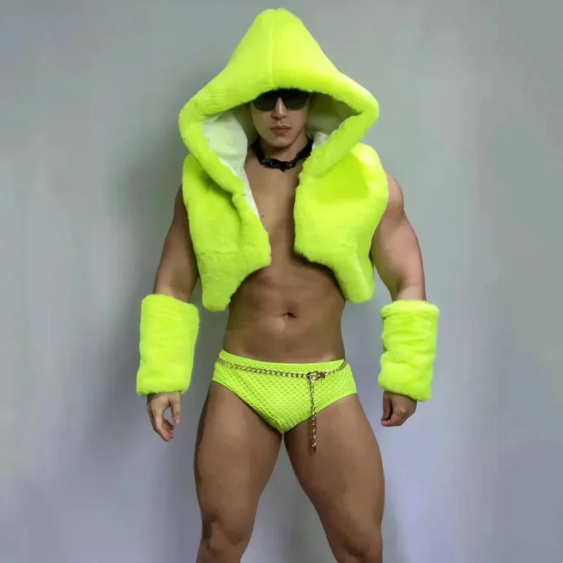 Fluorescent green Faux Fur Hooded Vest Shorts Cuff Rave Nightclub Sexy DJ Gogo Dance Costume Male Team Dancer Stage Wear