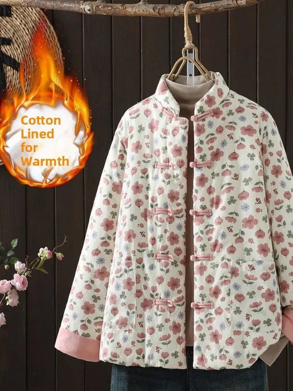 

Новая китайская женская свободная зимняя куртка из хлопка с цветочным принтом, на пуговицах, теплая, утепленная, комфортная, в стиле ретро